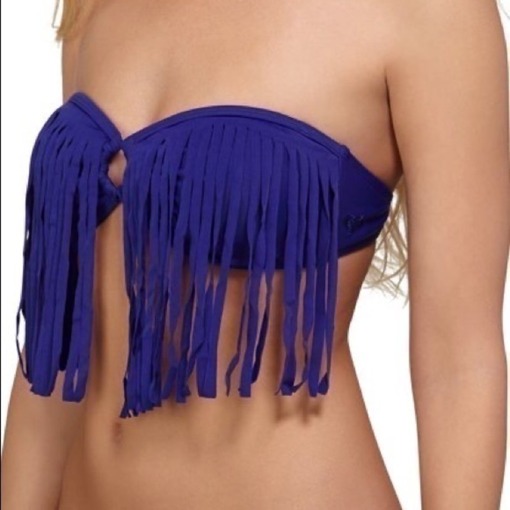 Roxy blueish purple fringe strapless bandeau bikini top medium